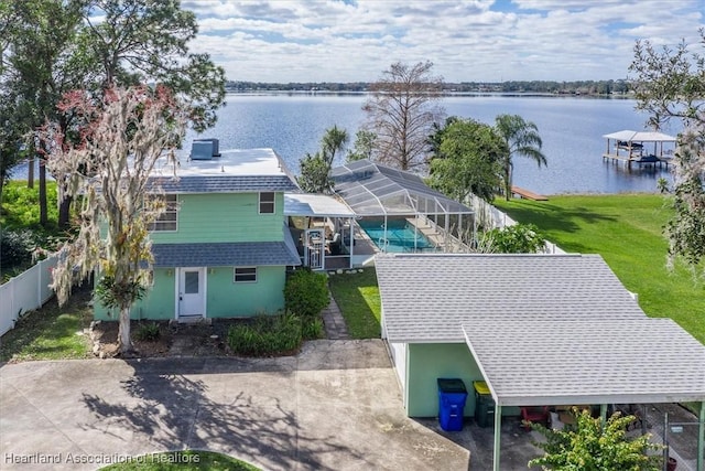 aerial view featuring a water view