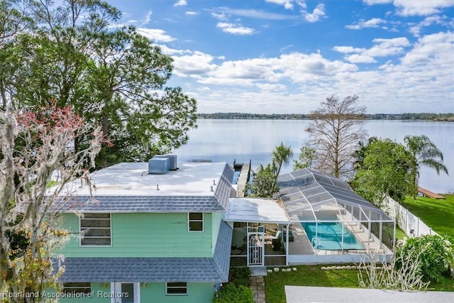 aerial view featuring a water view