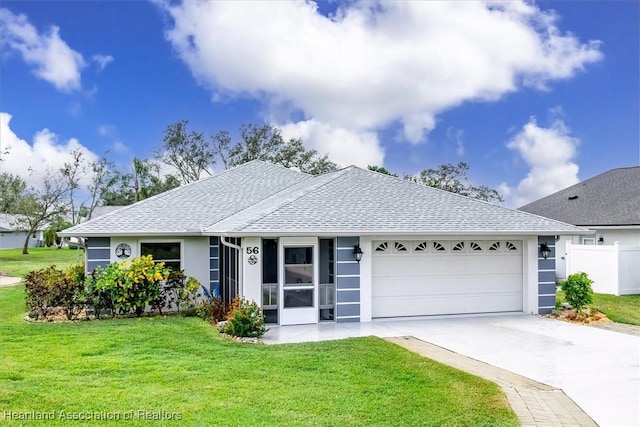 ranch-style home with a front yard and a garage