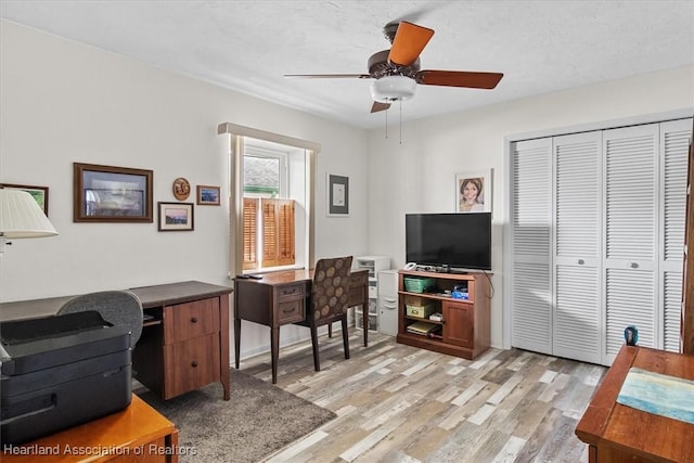 office space with a textured ceiling, light hardwood / wood-style floors, and ceiling fan