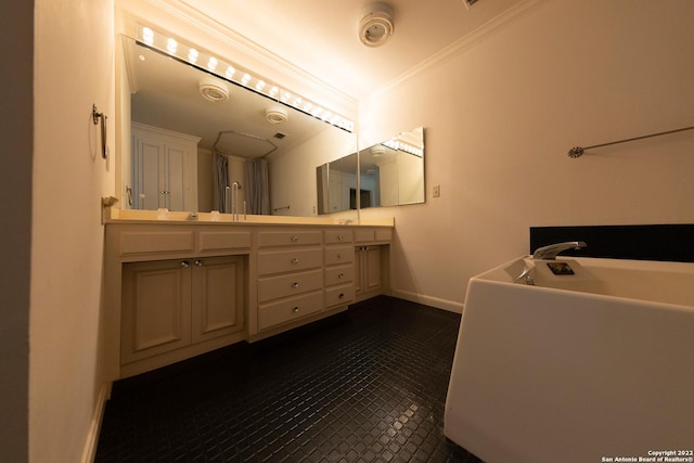 bathroom featuring a washtub, vanity, and crown molding