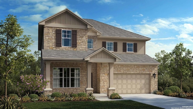 craftsman inspired home with roof with shingles, board and batten siding, concrete driveway, and an attached garage