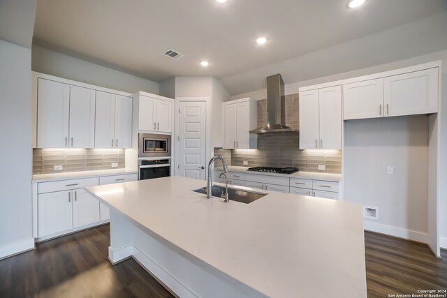 kitchen featuring wall chimney exhaust hood, appliances with stainless steel finishes, dark hardwood / wood-style floors, and sink