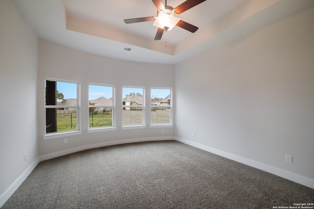 spare room with a raised ceiling, carpet floors, and ceiling fan