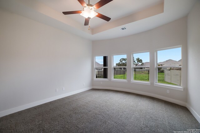 spare room with ceiling fan, a raised ceiling, and carpet floors