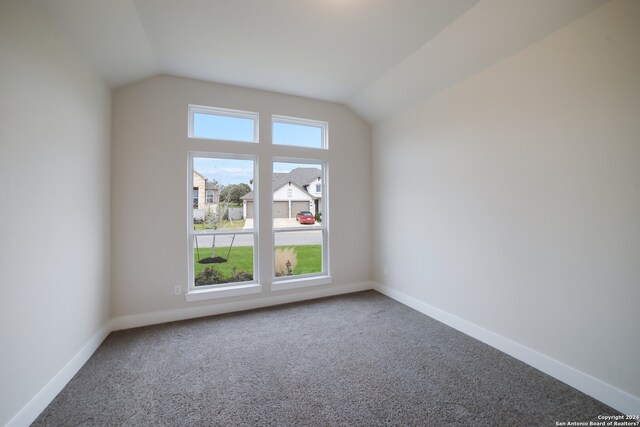 spare room featuring lofted ceiling and carpet