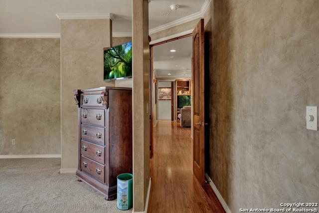 hall featuring light carpet and ornamental molding