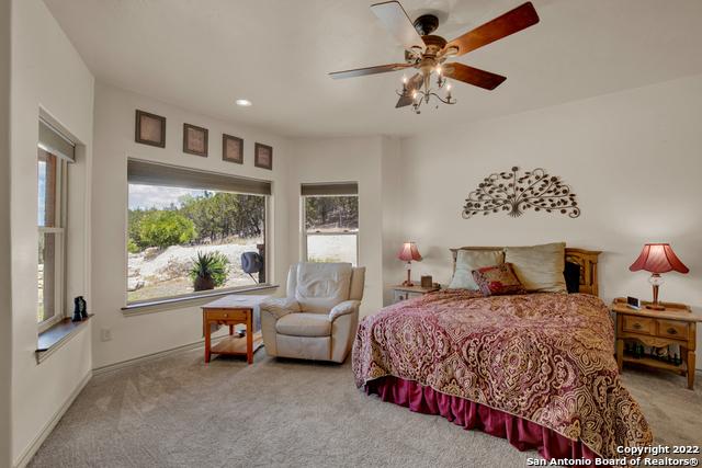 carpeted bedroom featuring ceiling fan