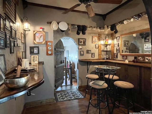 bar with dark hardwood / wood-style floors and ceiling fan