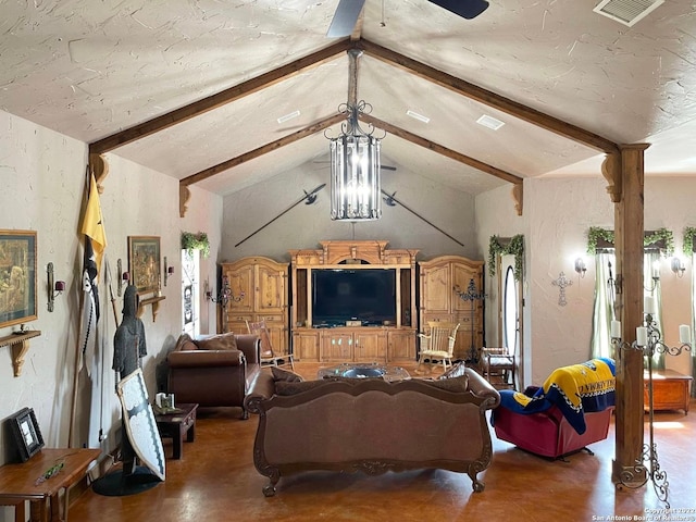 living room featuring beam ceiling, high vaulted ceiling, and ceiling fan with notable chandelier