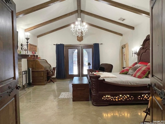 bedroom featuring lofted ceiling with beams, french doors, and an inviting chandelier