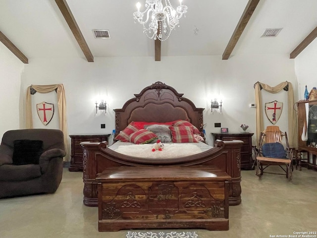 bedroom featuring a notable chandelier and vaulted ceiling with beams