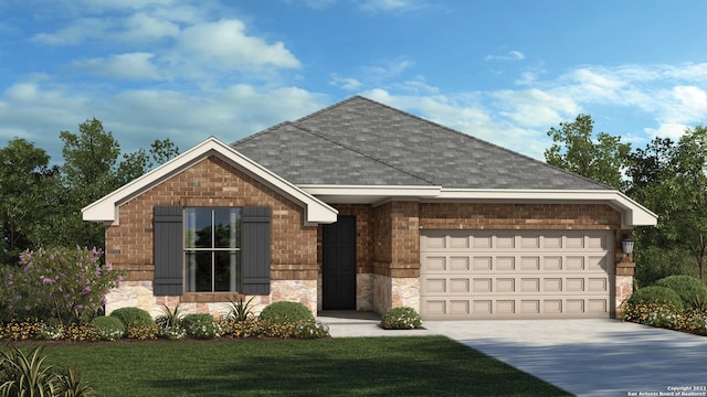 view of front of home featuring roof with shingles, concrete driveway, a front lawn, a garage, and stone siding