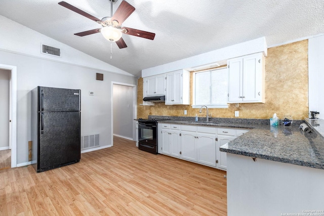 kitchen featuring white cabinetry, ceiling fan, black appliances, sink, and light wood-type flooring