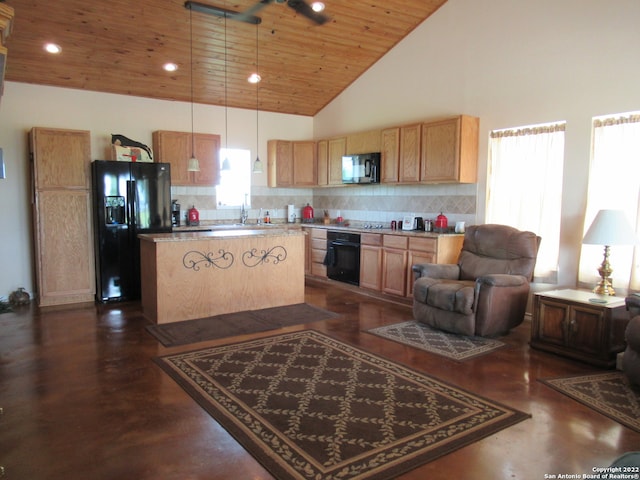 kitchen with high vaulted ceiling, a kitchen island, wood ceiling, tasteful backsplash, and black appliances