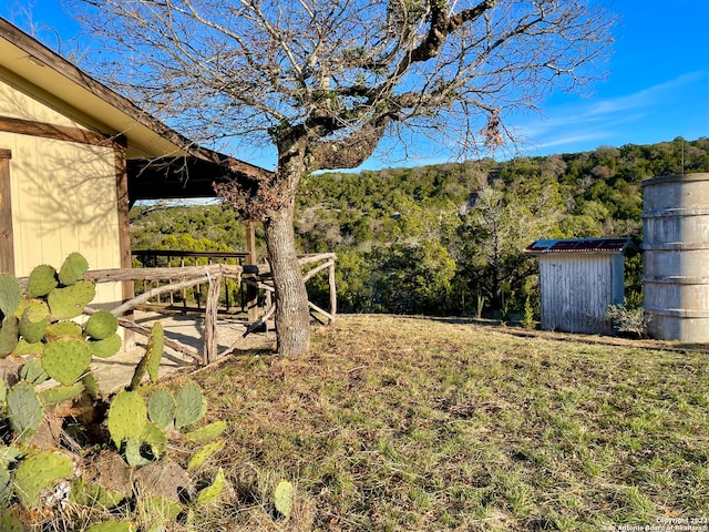 view of yard featuring a shed