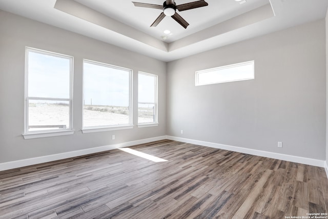 spare room featuring light wood-type flooring, a raised ceiling, and ceiling fan