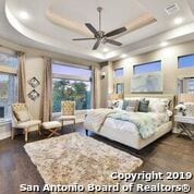 bedroom featuring a tray ceiling, ceiling fan, and dark wood-type flooring