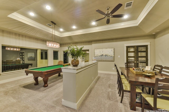 game room featuring a raised ceiling, french doors, ceiling fan, and pool table