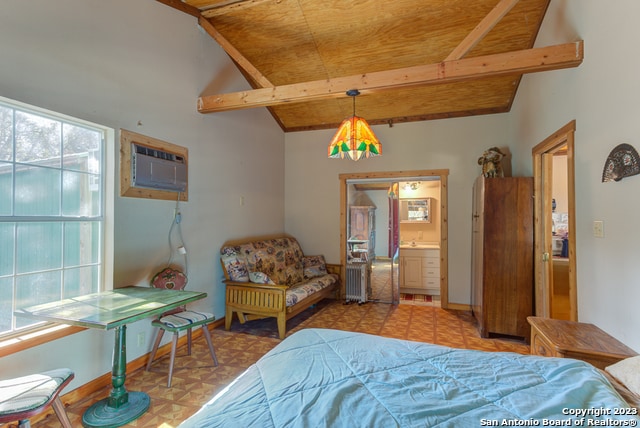 bedroom with light parquet flooring, multiple windows, vaulted ceiling with beams, and wooden ceiling