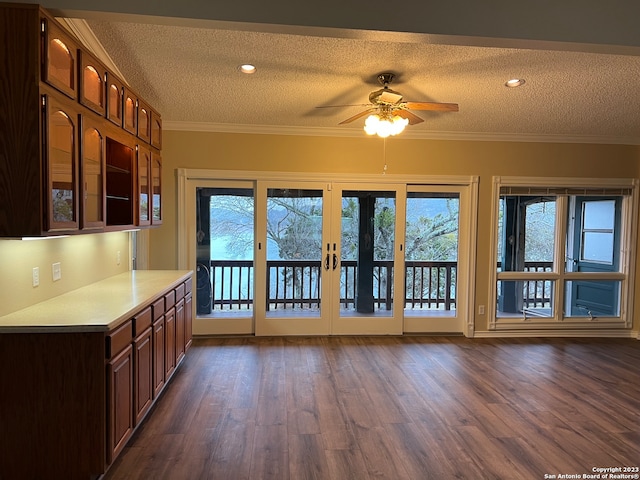 119 Cedar Tree Ln, Canyon Lake, TX 78133 - kitchen with dark hardwood / wood-style flooring, crown molding, ceiling fan, and a textured ceiling