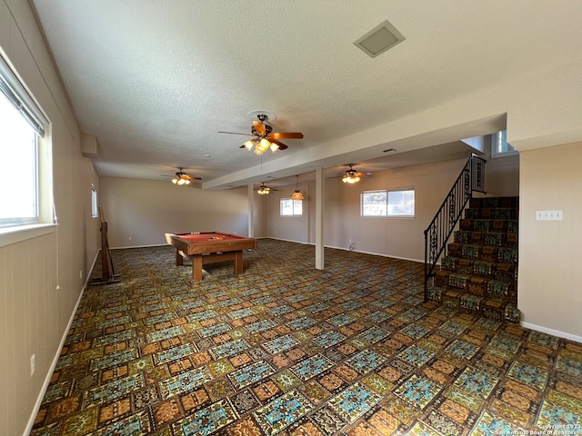 119 Cedar Tree Ln, Canyon Lake, TX 78133 - interior space featuring ceiling fan, a textured ceiling, and billiards
