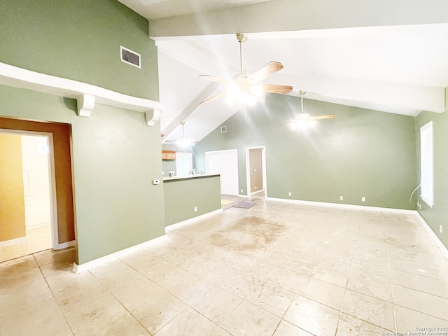 interior space featuring high vaulted ceiling, ceiling fan, and beamed ceiling