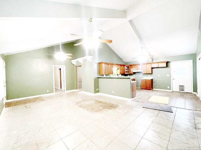 unfurnished living room featuring ceiling fan, beamed ceiling, high vaulted ceiling, and light tile floors