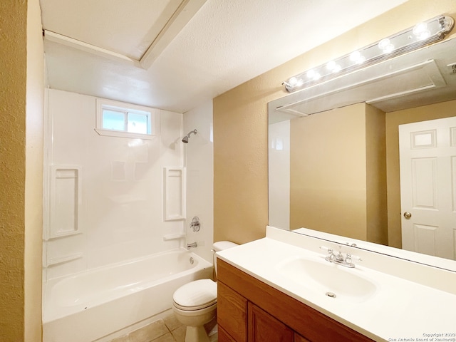 full bathroom with toilet, bathtub / shower combination, a textured ceiling, vanity, and tile floors