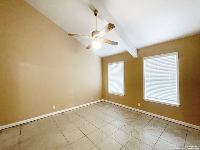 empty room with light tile floors, ceiling fan, and lofted ceiling with beams