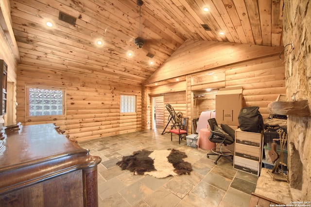 interior space with high vaulted ceiling, log walls, wooden ceiling, and light tile floors