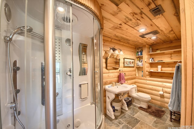 bathroom with toilet, rustic walls, sink, wood ceiling, and tile floors