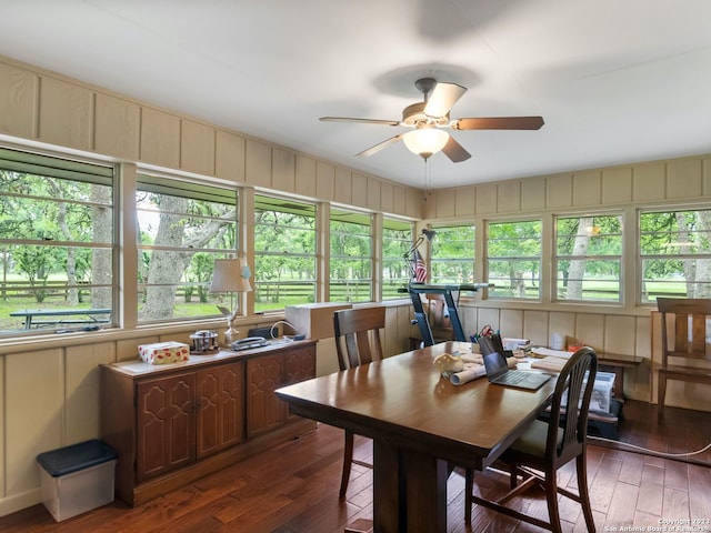 dining room featuring ceiling fan and dark hardwood / wood-style flooring