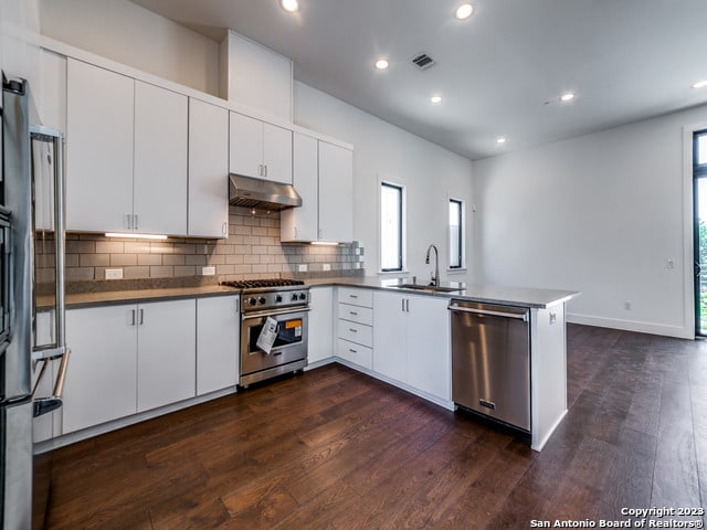 kitchen featuring sink, white cabinets, dark hardwood / wood-style flooring, and stainless steel appliances