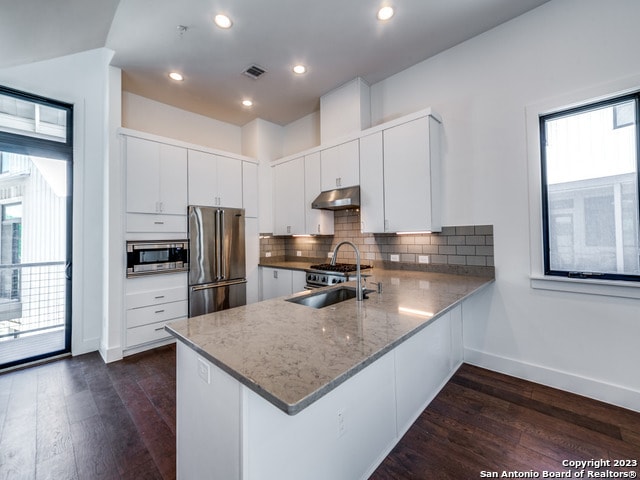 kitchen featuring dark hardwood / wood-style floors, stainless steel appliances, kitchen peninsula, and white cabinetry