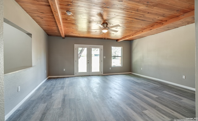 unfurnished room featuring ceiling fan, dark hardwood / wood-style floors, beamed ceiling, and wood ceiling