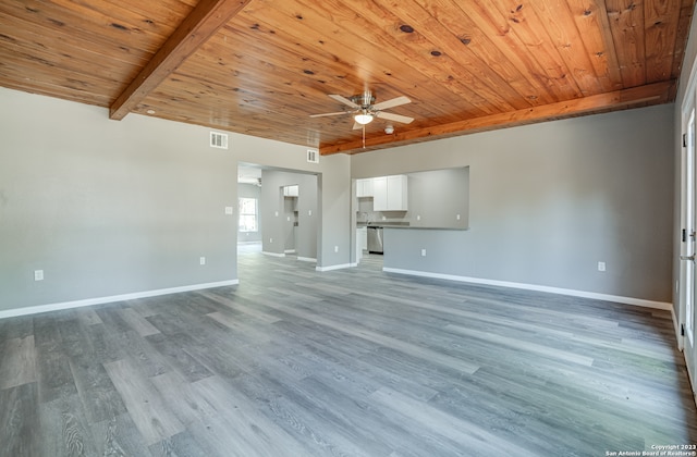 unfurnished living room featuring beamed ceiling, ceiling fan, wooden ceiling, and light wood-type flooring