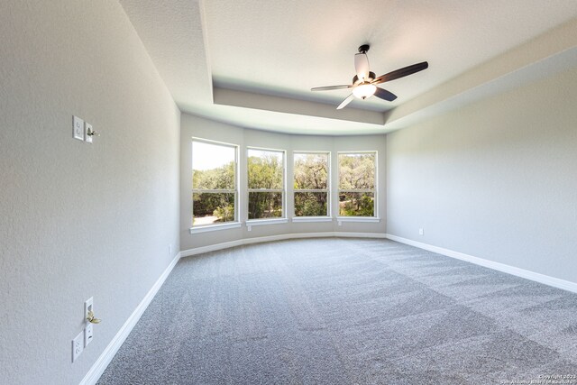 carpeted spare room featuring a raised ceiling and ceiling fan