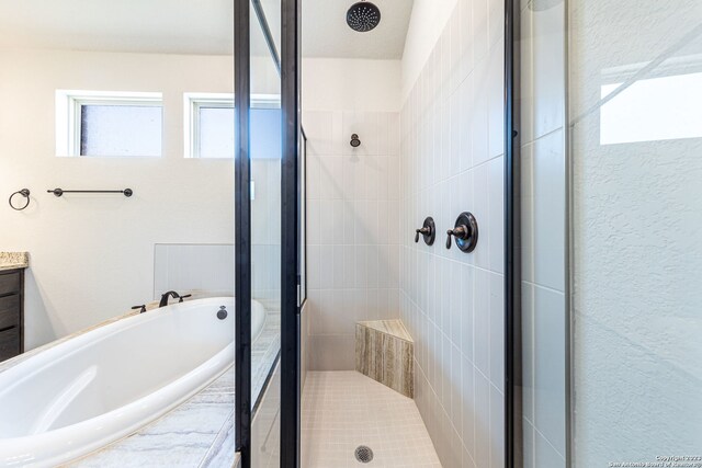 bathroom with independent shower and bath and vanity