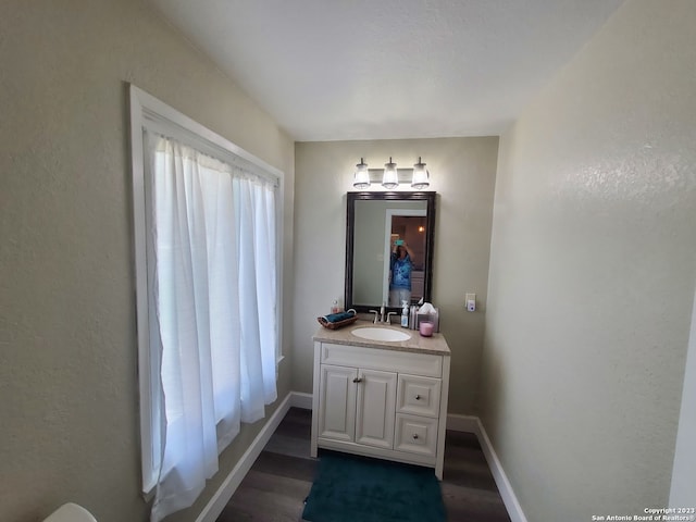 bathroom with vanity with extensive cabinet space and hardwood / wood-style floors