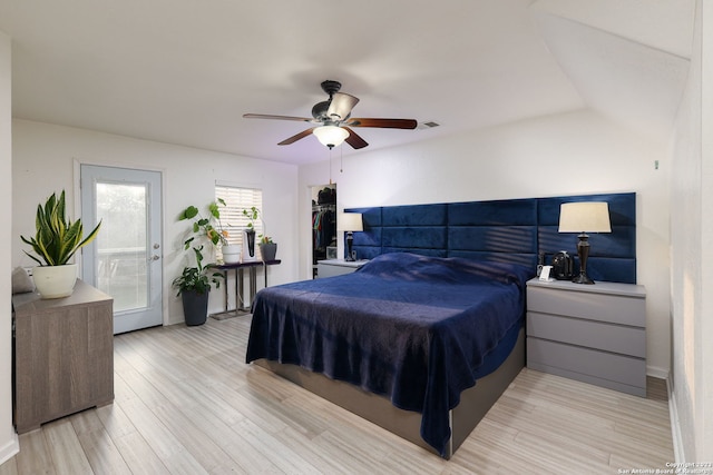 bedroom featuring light hardwood / wood-style flooring and ceiling fan