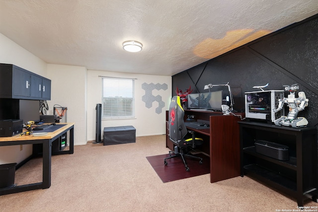 carpeted office space with a textured ceiling