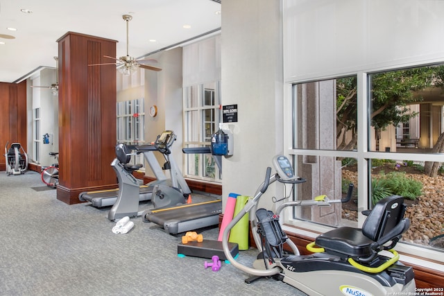 exercise room with carpet floors, a high ceiling, and ceiling fan