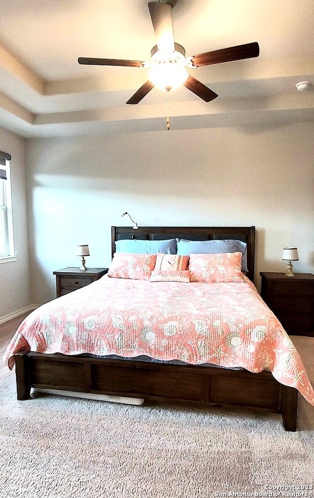 bedroom featuring a raised ceiling, light carpet, and ceiling fan