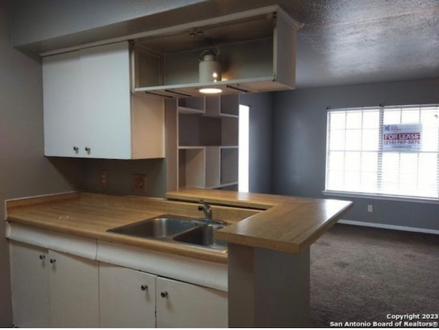 kitchen featuring sink, white cabinetry, a textured ceiling, and carpet floors