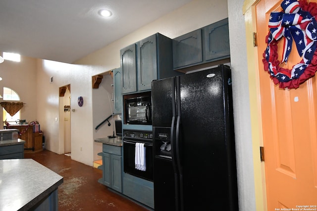 kitchen with gray cabinetry and black appliances