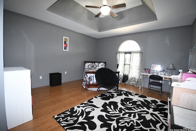 office featuring light hardwood / wood-style floors, a tray ceiling, and ceiling fan