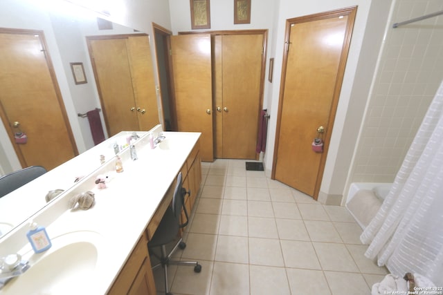 bathroom featuring dual bowl vanity, tile floors, and shower / bathtub combination with curtain