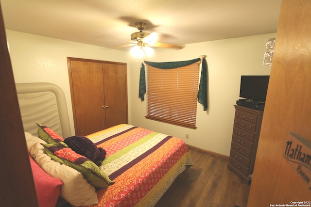 bedroom featuring ceiling fan, dark hardwood / wood-style floors, and a closet