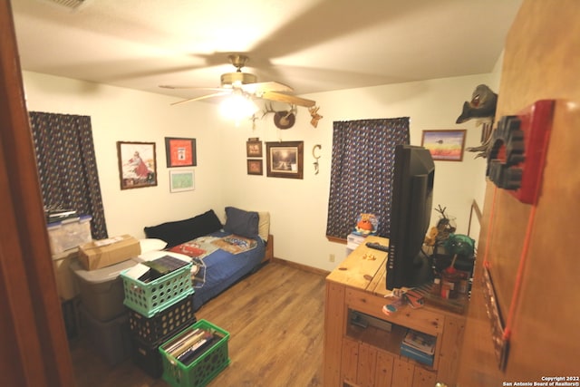 living room featuring hardwood / wood-style floors and ceiling fan